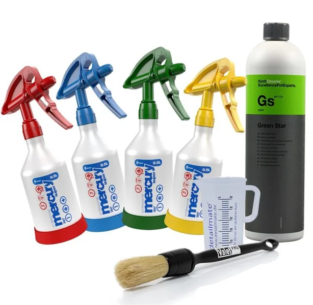 4 Kwazar Mercury Super PRO+ 360 Grad VITON Sprühflasche 0,5 Liter + 1 Liter KOCH Chemie Green Star Universalreiniger + ValetPRO Large Sash Brush No. 16 black + Detailmate 50ml Messbecher