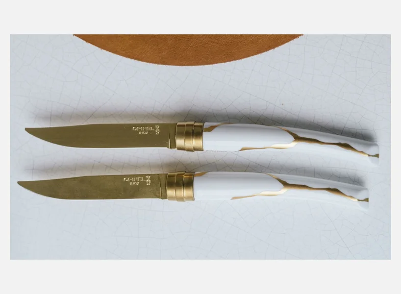 Coffret de 2 couteaux de table Kintsugi Blanc Lame Or