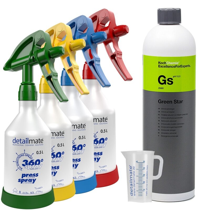 4 Kwazar Mercury Super PRO+ 360 Grad VITON Sprühflasche 0,5 Liter + 1 Liter KOCH Chemie Green Star + Detailmate 50ml Messbecher