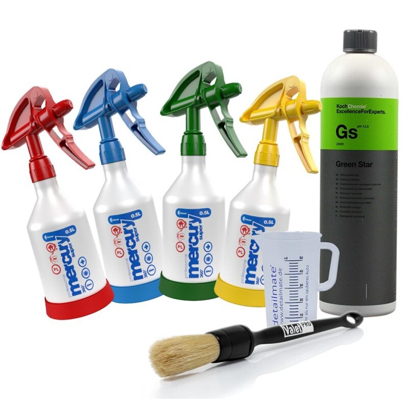 4 Kwazar Mercury Super PRO+ 360 Grad VITON Sprühflasche 0,5 Liter + 1 Liter KOCH Chemie Green Star Universalreiniger + ValetPRO Large Sash Brush No. 16 black + Detailmate 50ml Messbecher